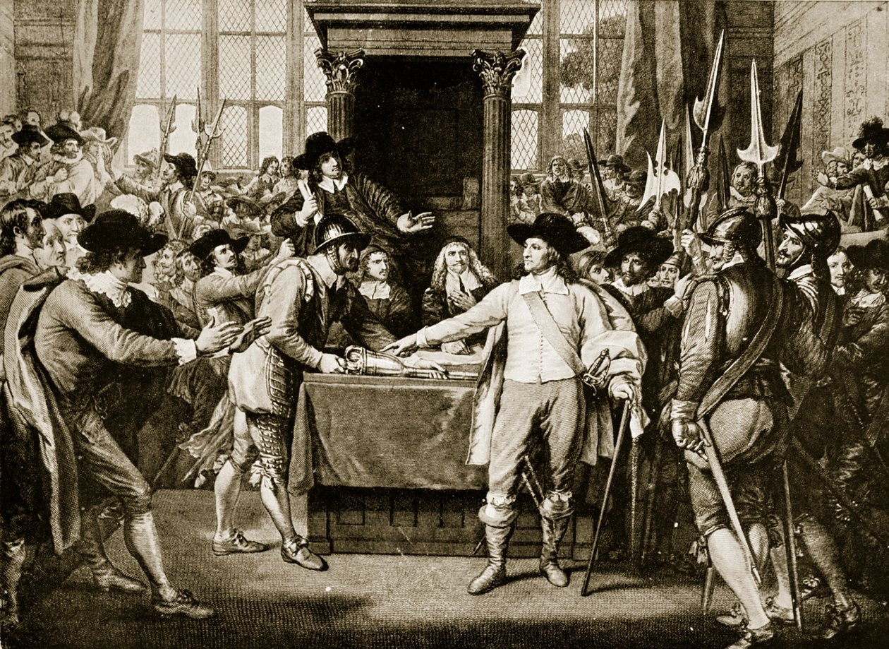 Cromwell löst das Lange Parlament auf, 1653, Illustration aus Hutchinsons Geschichte der britischen Nation, ca. 1923 von English School