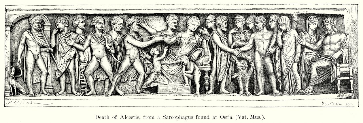 Tod der Alkestis, von einem Sarkophag in Ostia (Gravur) von English School