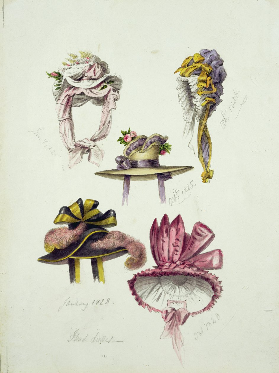 Entwürfe für Regency-Hüte, 1828 von English School
