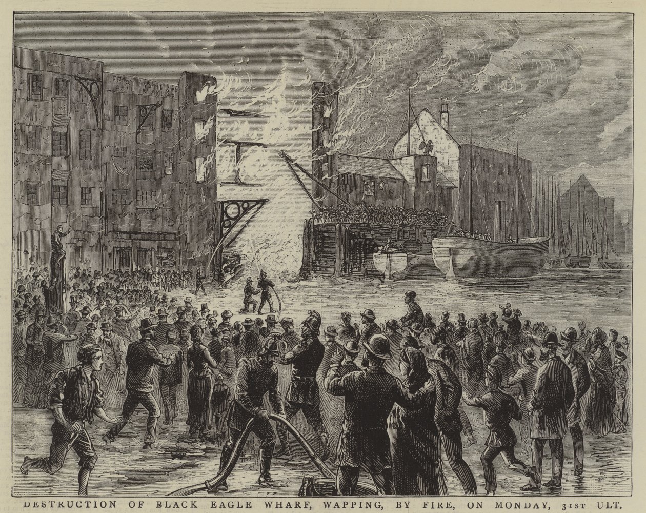 Zerstörung des Black Eagle Wharf, Wapping, durch Feuer am Montag, den 31. ult von English School