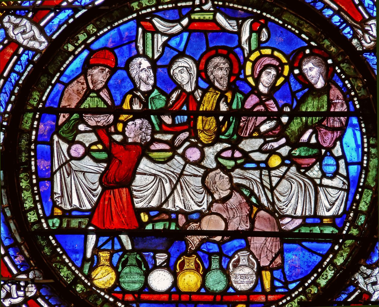Detail eines der Bibelfenster, das das Hochzeitsfest zu Kana zeigt (Detail) von English School
