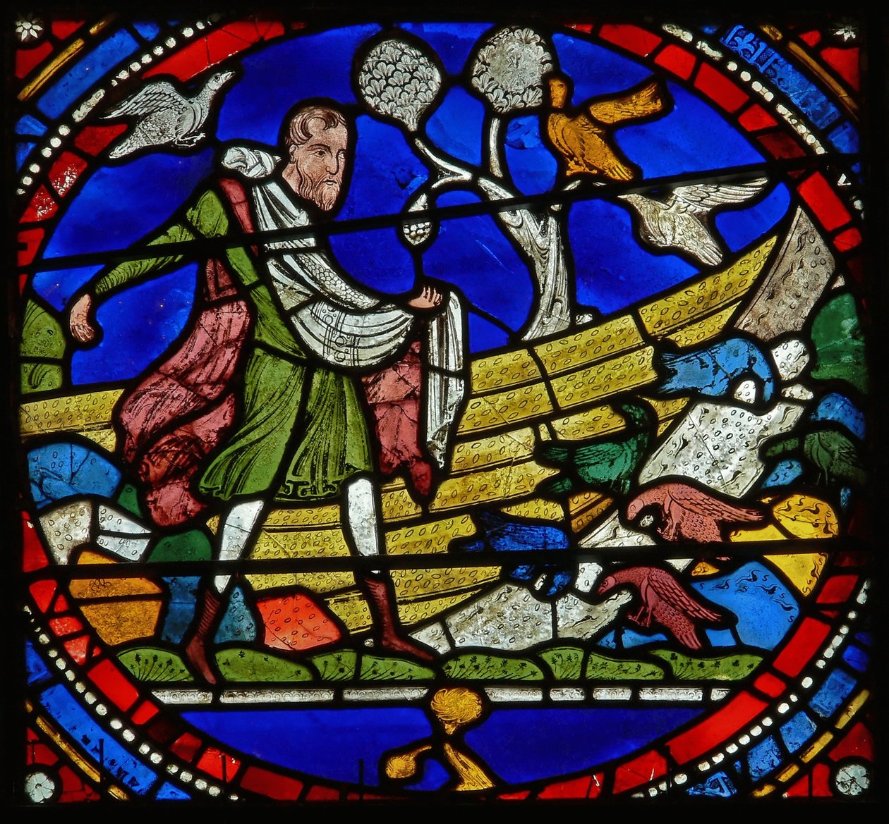 Detail eines der Bibelfenster, das das Gleichnis vom Sämann zeigt (Detail) von English School