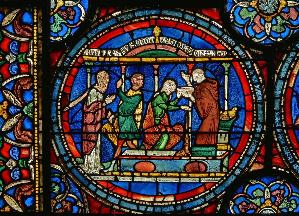 Detail des Wunderfensters, das Audrey von Canterbury zeigt, wie sie Heilwasser nimmt (Detail) von English School