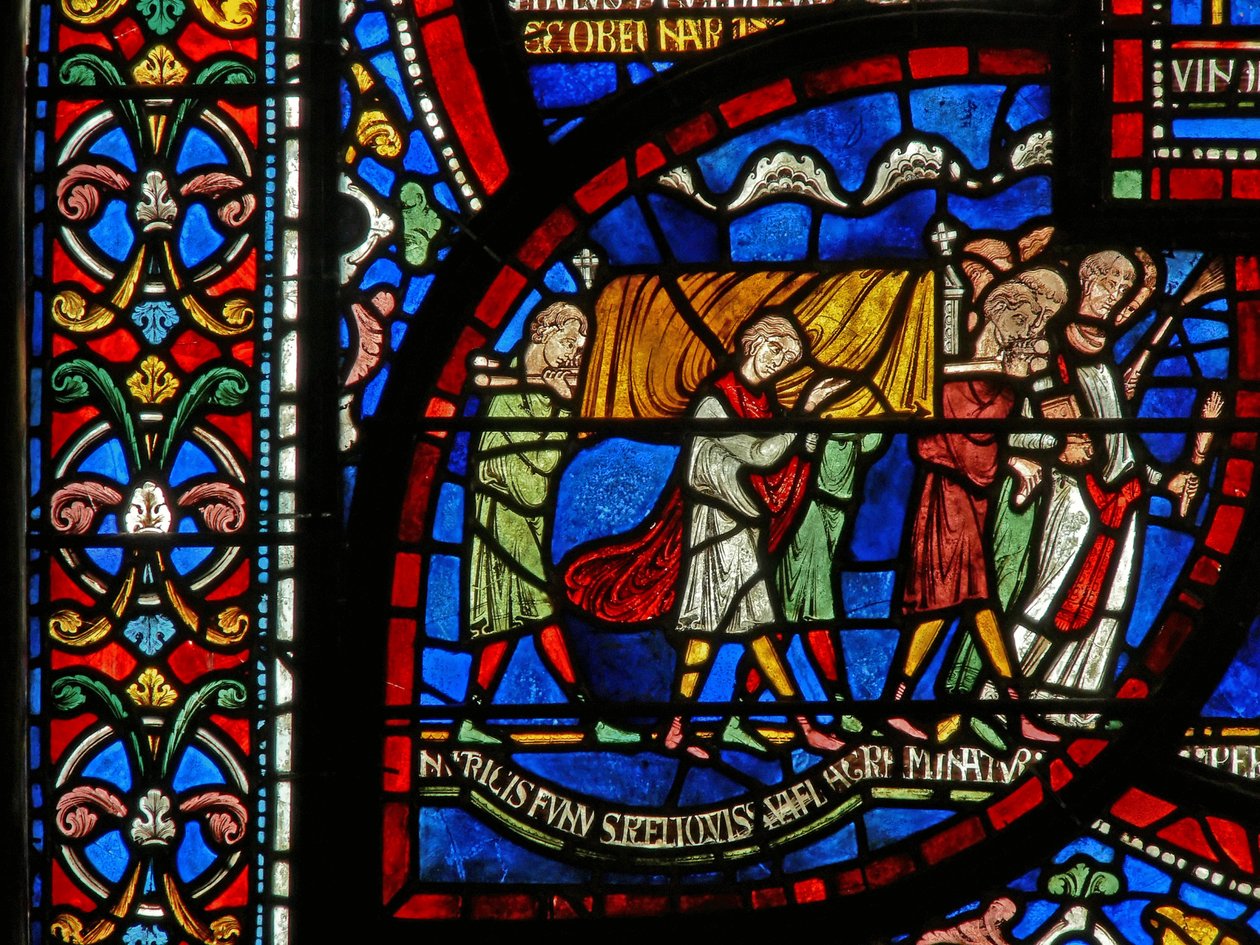 Detail aus dem Wunderfenster, das die Geschichte von Jordan Fitzeisulf darstellt von English School