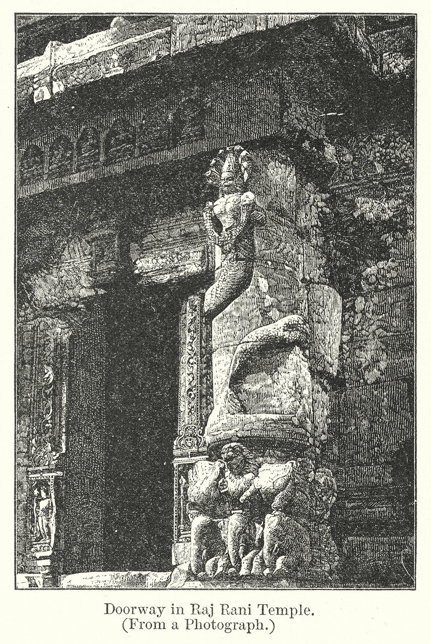 Türöffnung im Raj Rani Tempel (Gravur) von English School