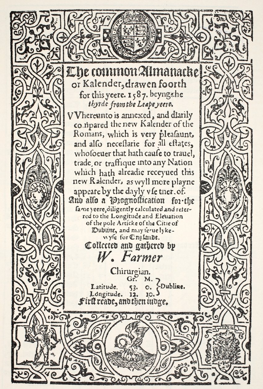 Doppelalmanach (gemein und neu) und Prognostikation für Dublin für 1587 von W. Farmer, gedruckt von Watkins und Roberts, 1587 von English School