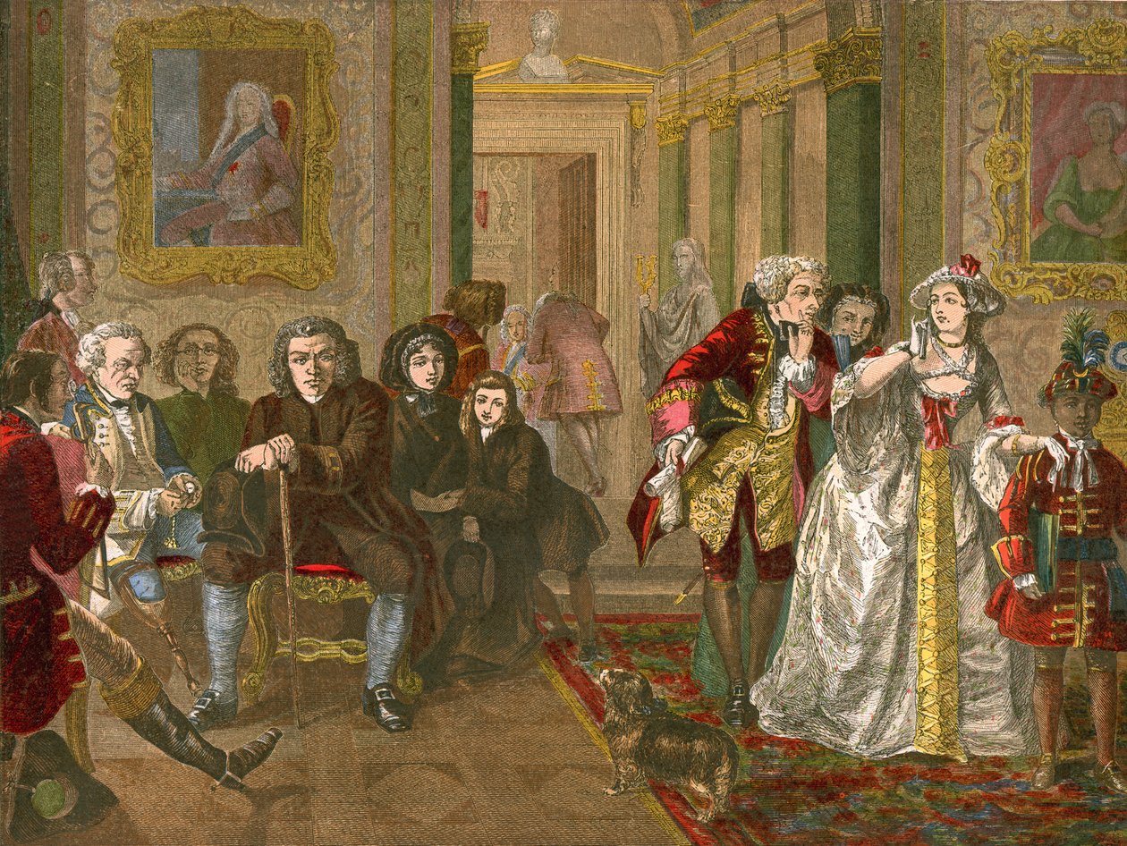 Dr. Johnson im Vorzimmer von Lord Chesterfield (farbige Gravur) von English School