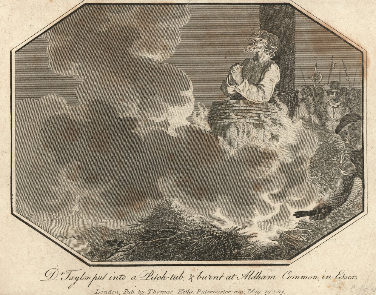 Dr. Taylor in ein Pechfass gesteckt und auf Aldham Common in Essex verbrannt (Gravur) von English School