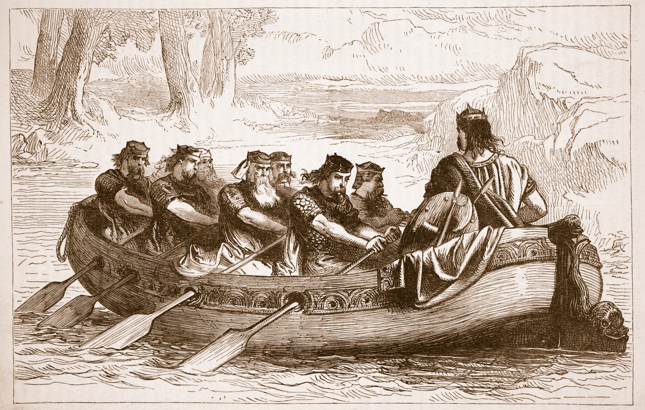 Edgar der Friedliche wird von acht tributpflichtigen Fürsten den Fluss Dee hinunter gerudert, Illustration aus Cassells Illustrierter Geschichte Englands von English School