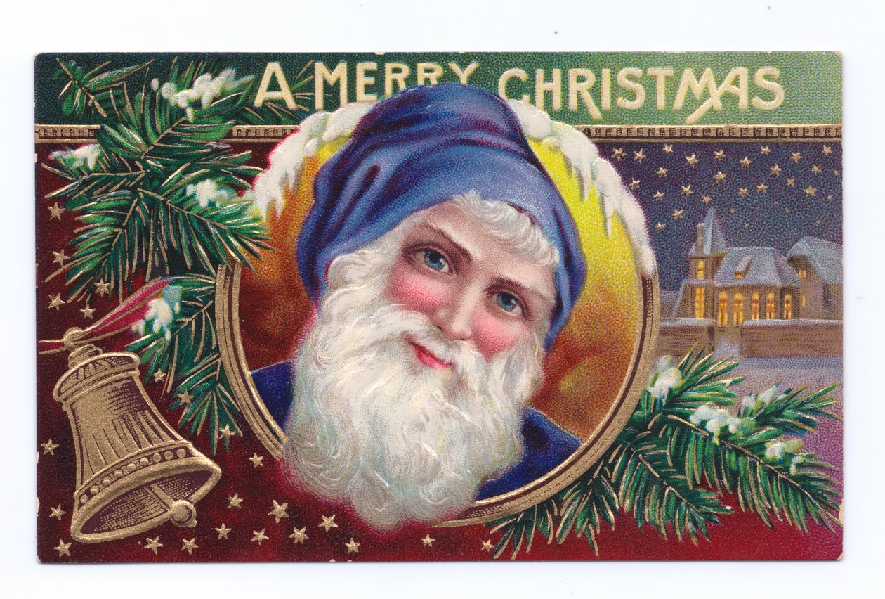 Edwardianische Weihnachtskarte von Weihnachtsmann mit Mistelzweig und Glocke, ca. 1910 von English School