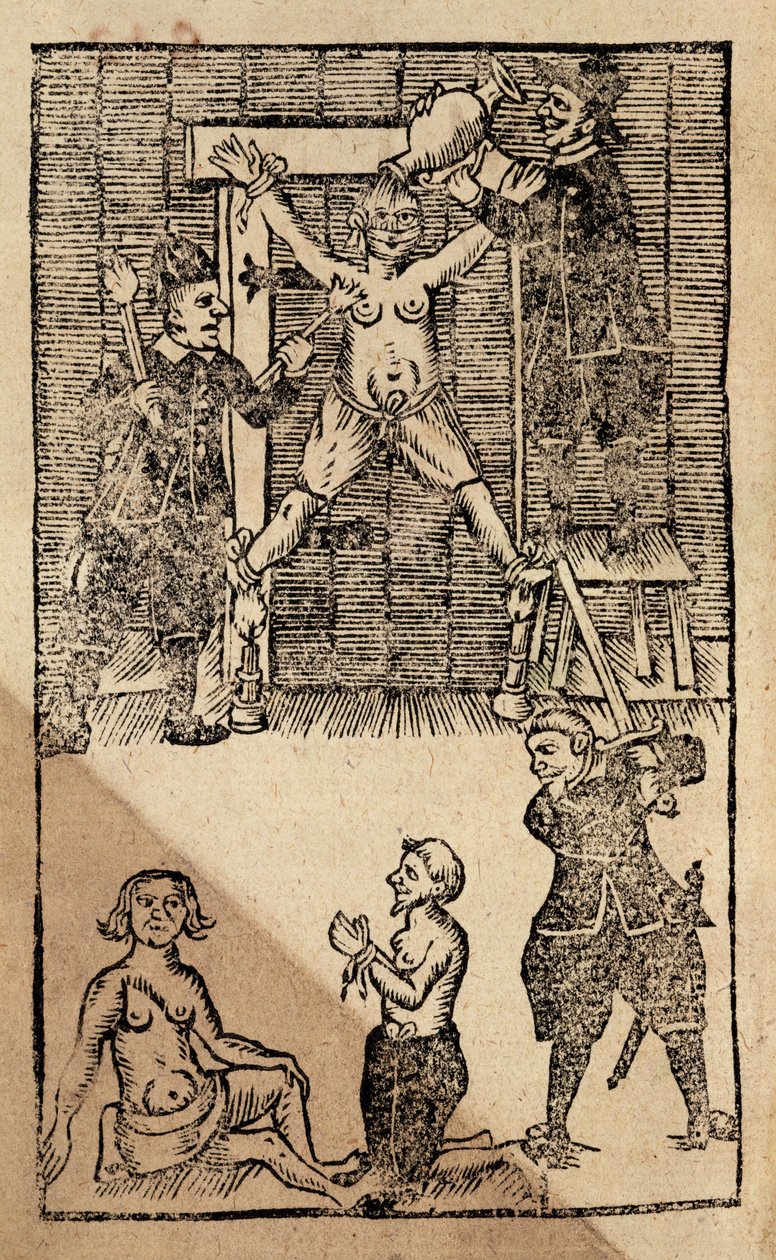 Niederländische Siedler in Amboyna foltern einen englischen Kaufmann vor dem Massaker von 1623 (Holzschnitt) von English School