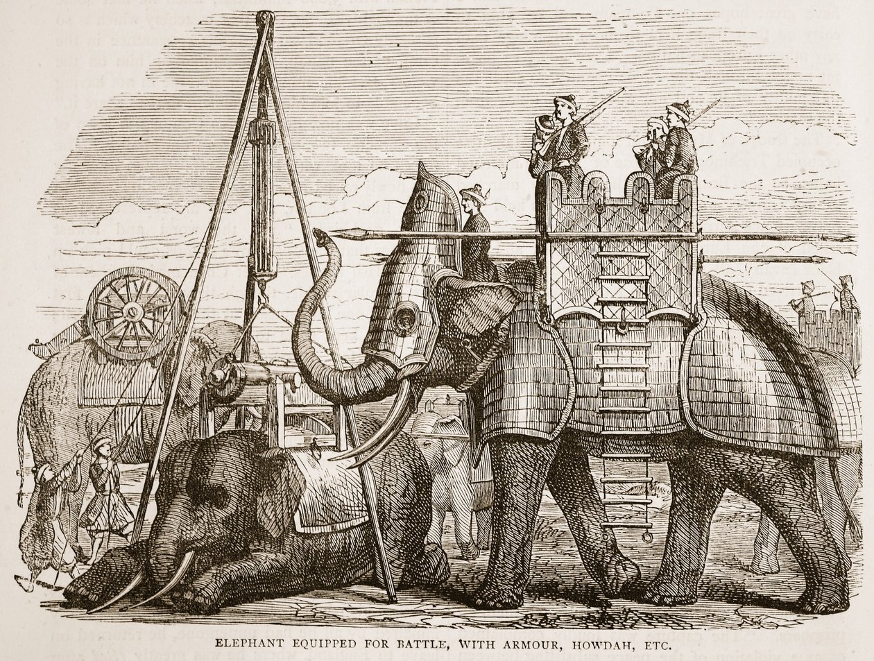 Kampfelefant mit Rüstung und Howdah, Illustration aus Cassells Illustrierter Geschichte Indiens von James Grant, veröffentlicht 1879 von English School