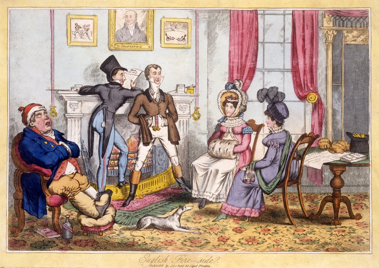 Englisches Kaminfeuer, veröffentlicht von J. lePetit, Dublin, ca. 1820 (handkolorierte Gravur) von English School