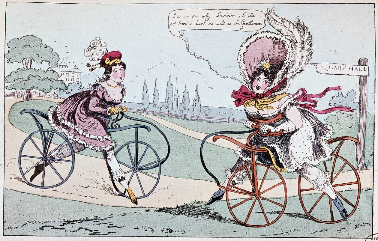 Englische Karikatur über Steckenpferde im Jahr 1819 (erste Fahrräder) - in „Le cycling théorique et pratique“ von Baudry de Saulnier von English School