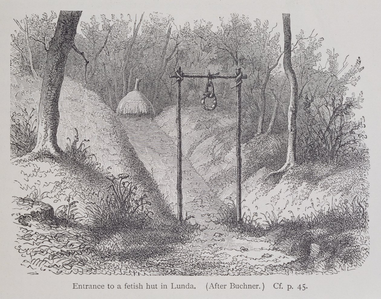 Eingang zu einer Fetischhütte in Lunda, aus Die Geschichte der Menschheit, Bd.1, von Prof. Friedrich Ratzel, 1896 von English School