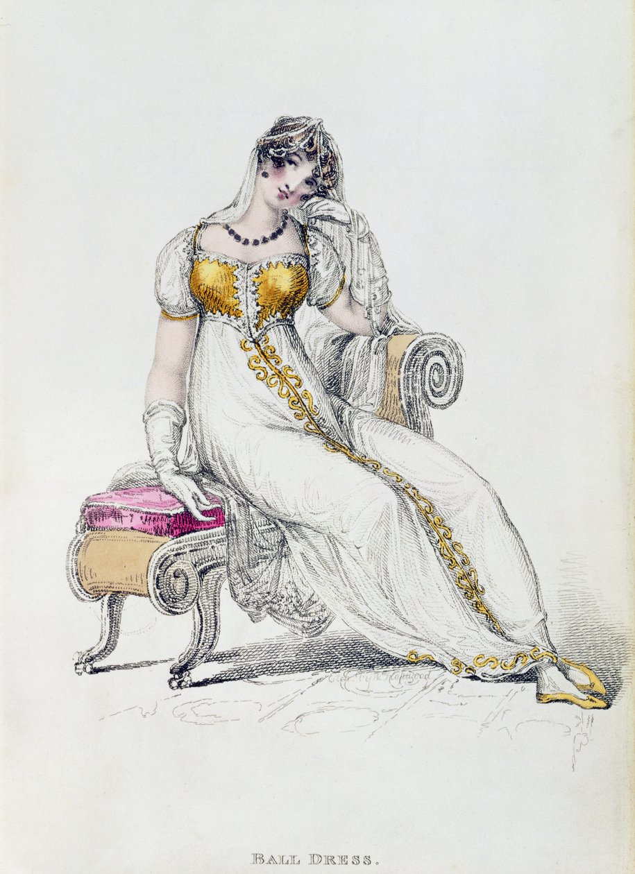 Abendkleid oder Hochzeitskleid, Modeplatte aus Ackermanns Repository of Arts von English School
