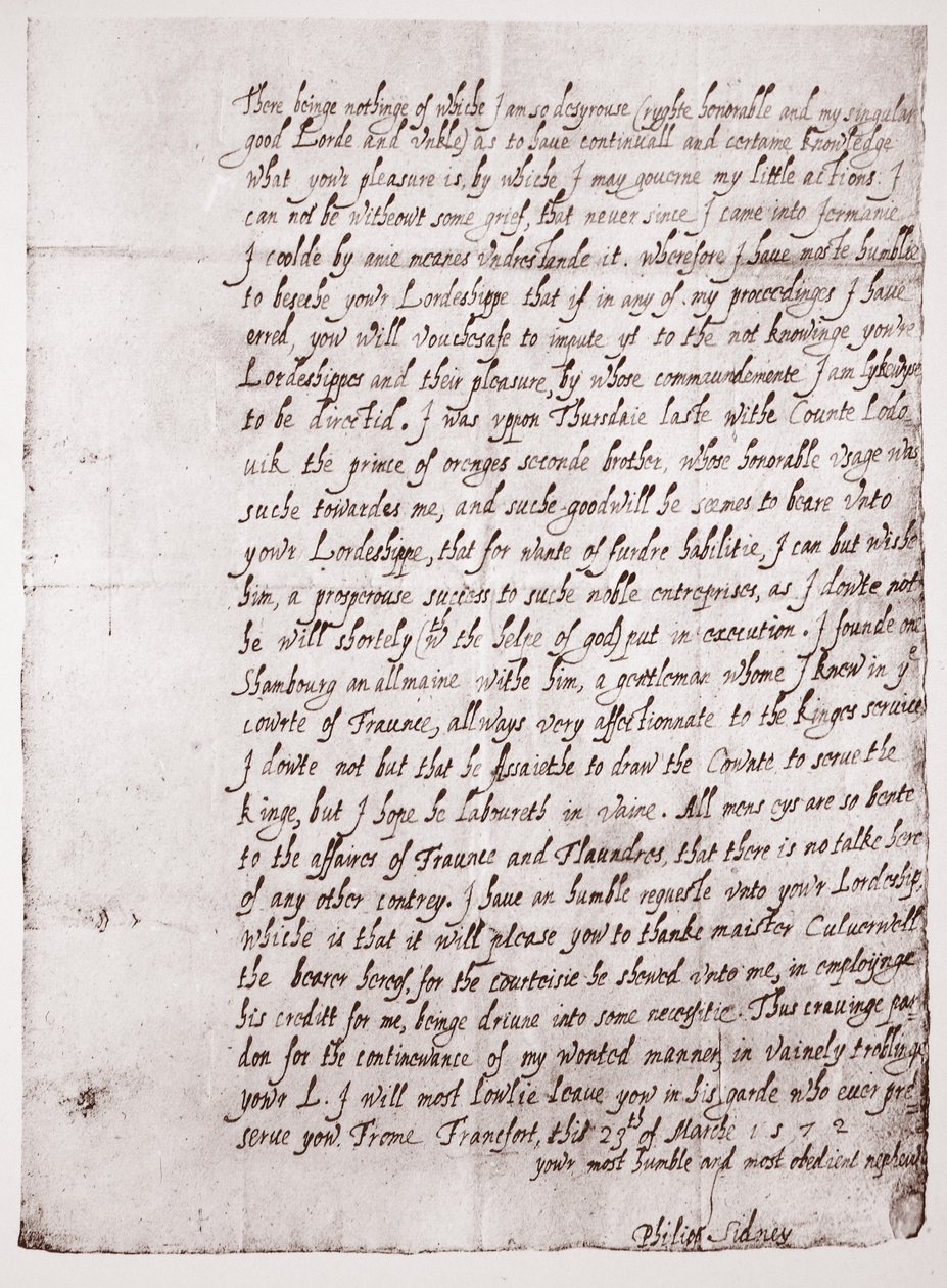 Faksimile von Philip Sidneys Handschrift im Alter von 18 Jahren, 23. März 1572 von English School