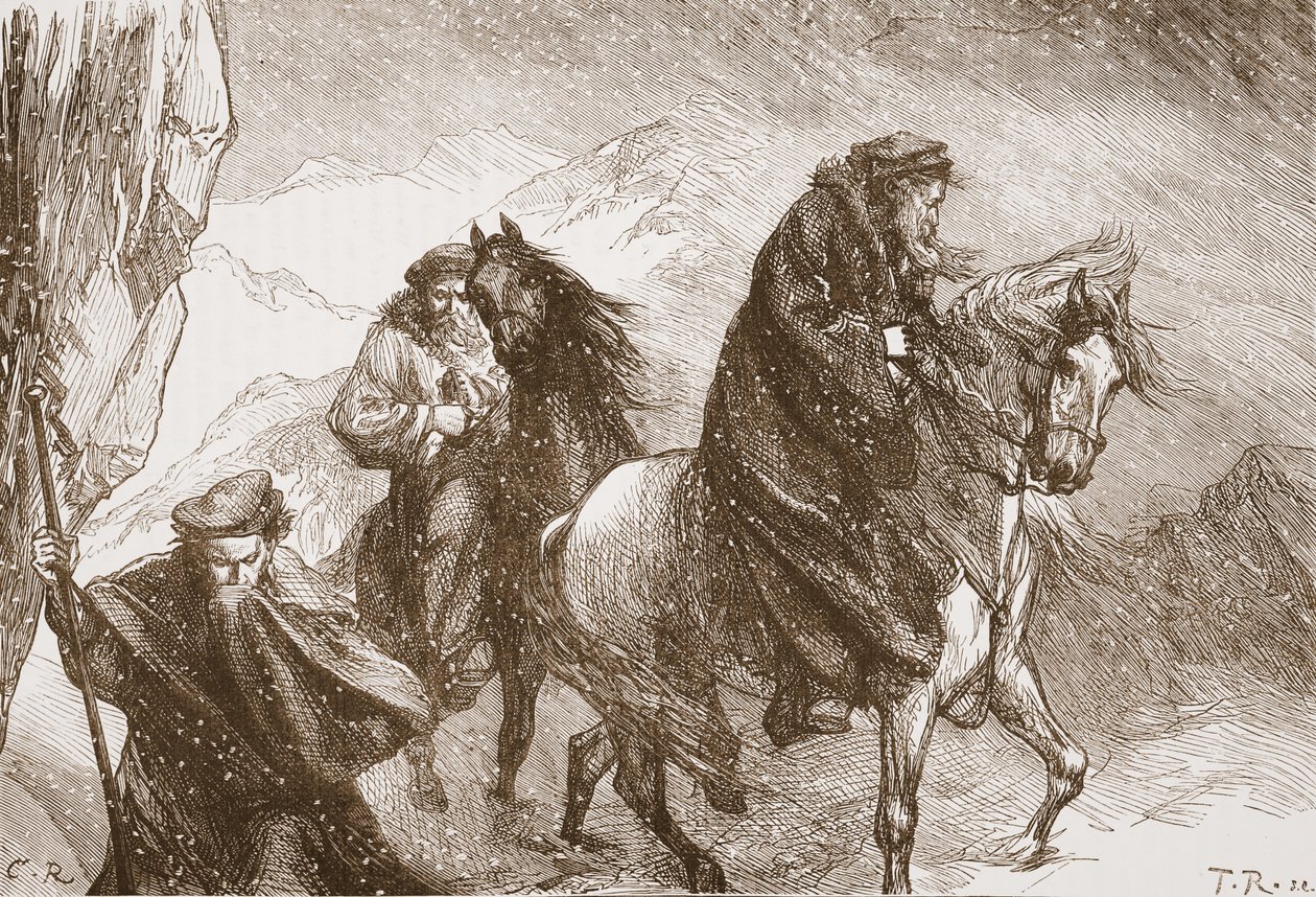 Farel und seine Gefährten überqueren die Alpen, Illustration aus Die Geschichte des Protestantismus von James Aitken Wylie, veröffentlicht 1878 von English School