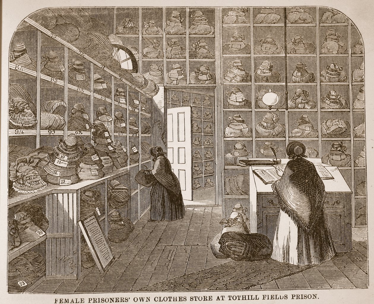 Kleiderlager für weibliche Gefangene im Tothill Fields Prison, Illustration aus The Criminal Prisons of London and Scenes from Prison Life von Henry Mayhew und John Binny, veröffentlicht 1862 von English School