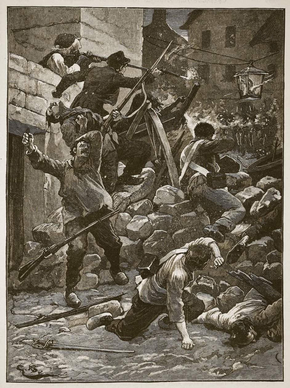 Kämpfe an den Barrikaden in Paris, Illustration aus Cassells Illustrierter Geschichte Englands von English School