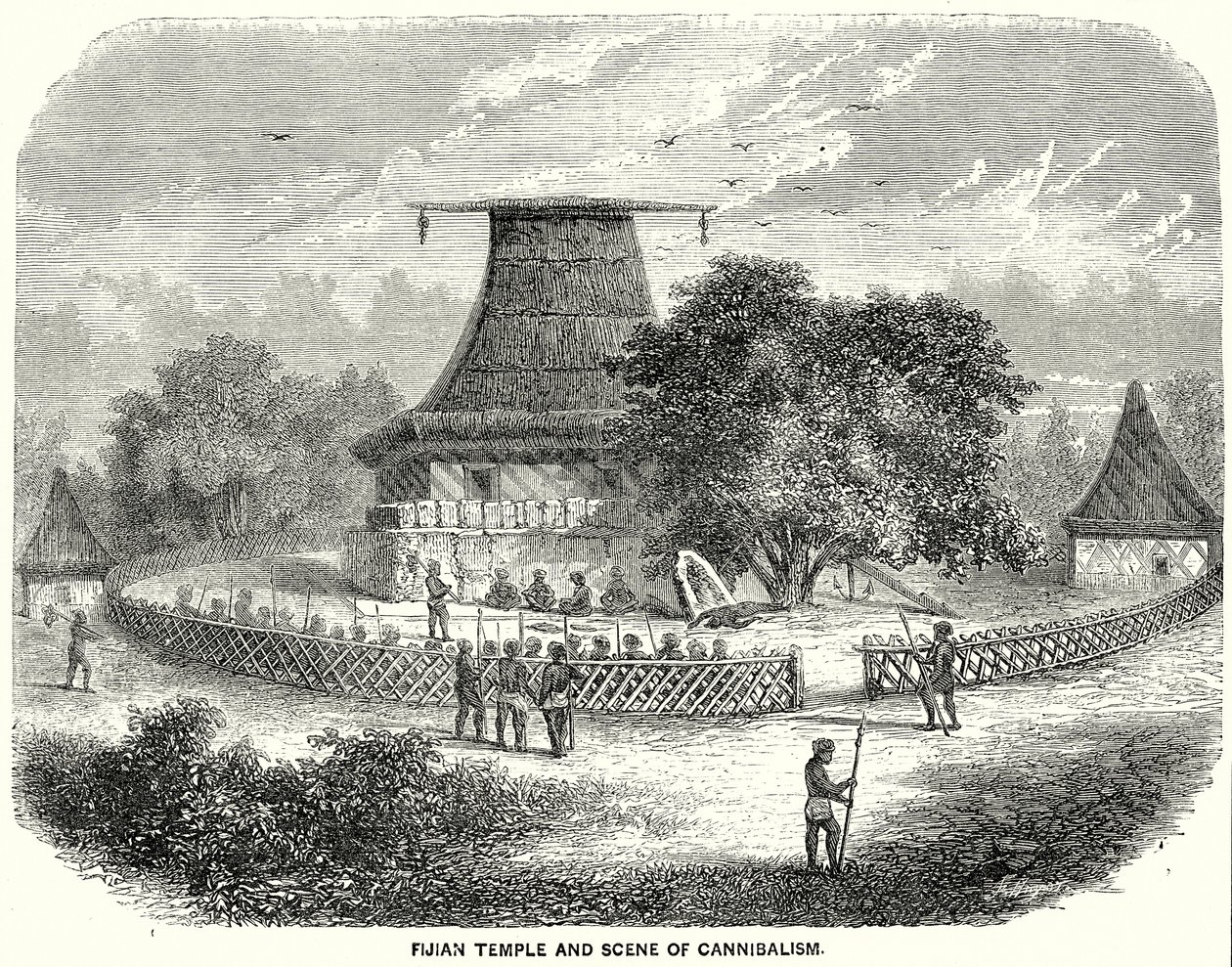 Fidschianischer Tempel und Szene des Kannibalismus von English School