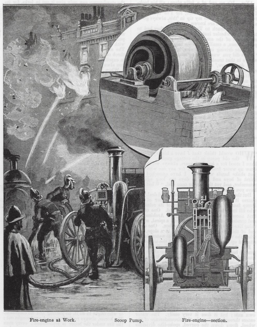 Feuerwehr im Einsatz, Schöpfpumpe, Feuerwehr, Schnitt (Gravur) von English School