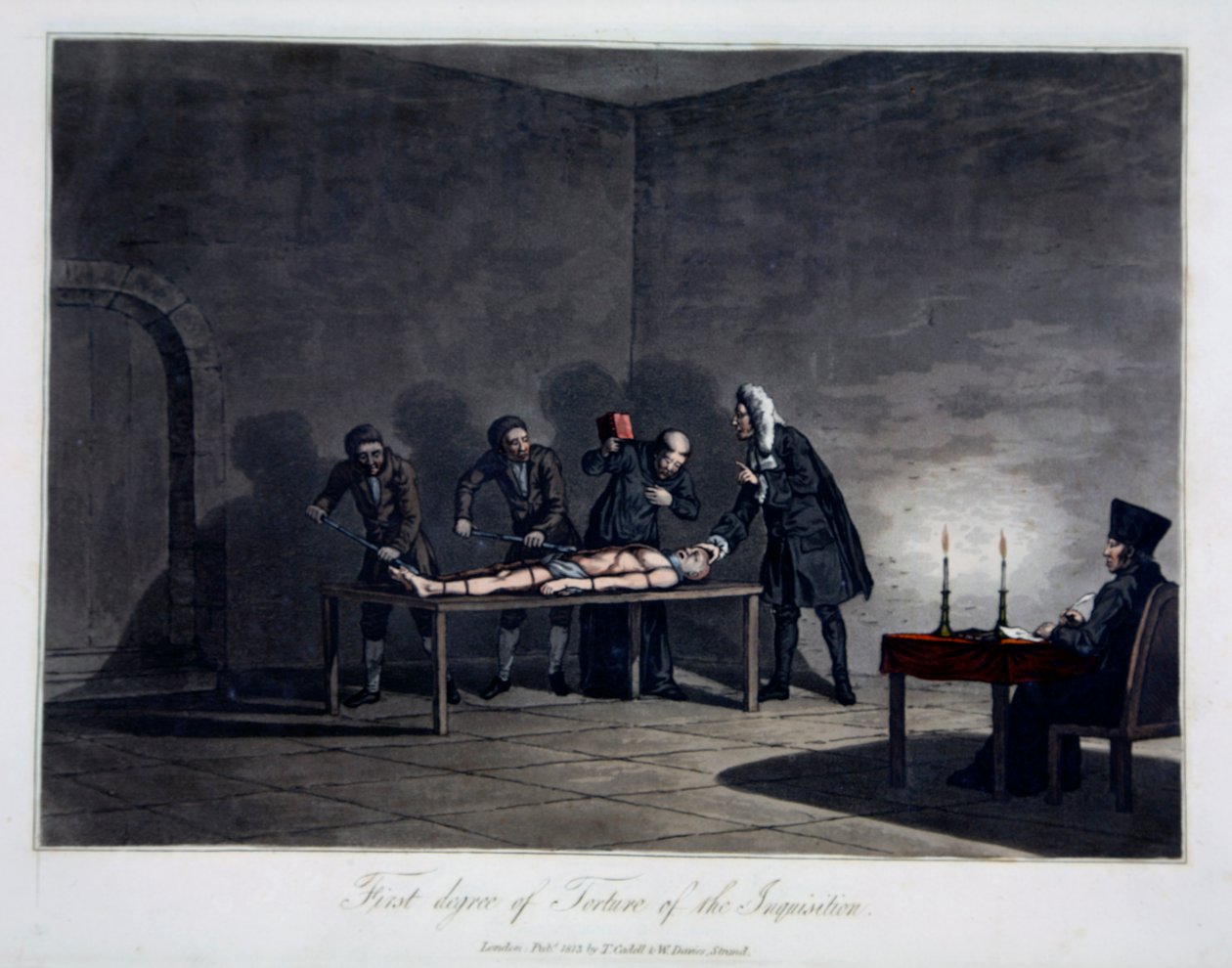 Erste Stufe der Folter der Inquisition, graviert von L.C. Stadler, veröffentlicht von Cadell & Davies, London, ca. 1813 von English School