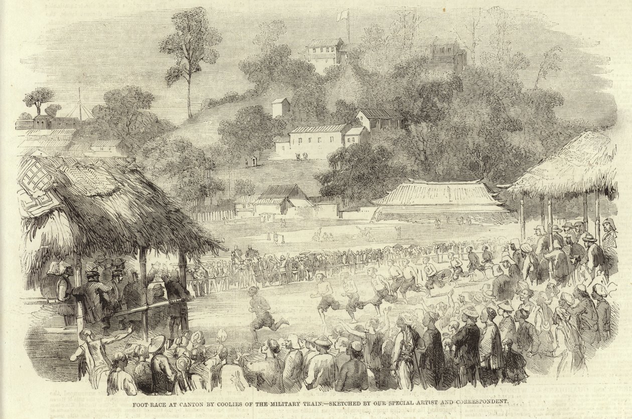 Fußrennen in Kanton von Kulis des Militärzugs von English School