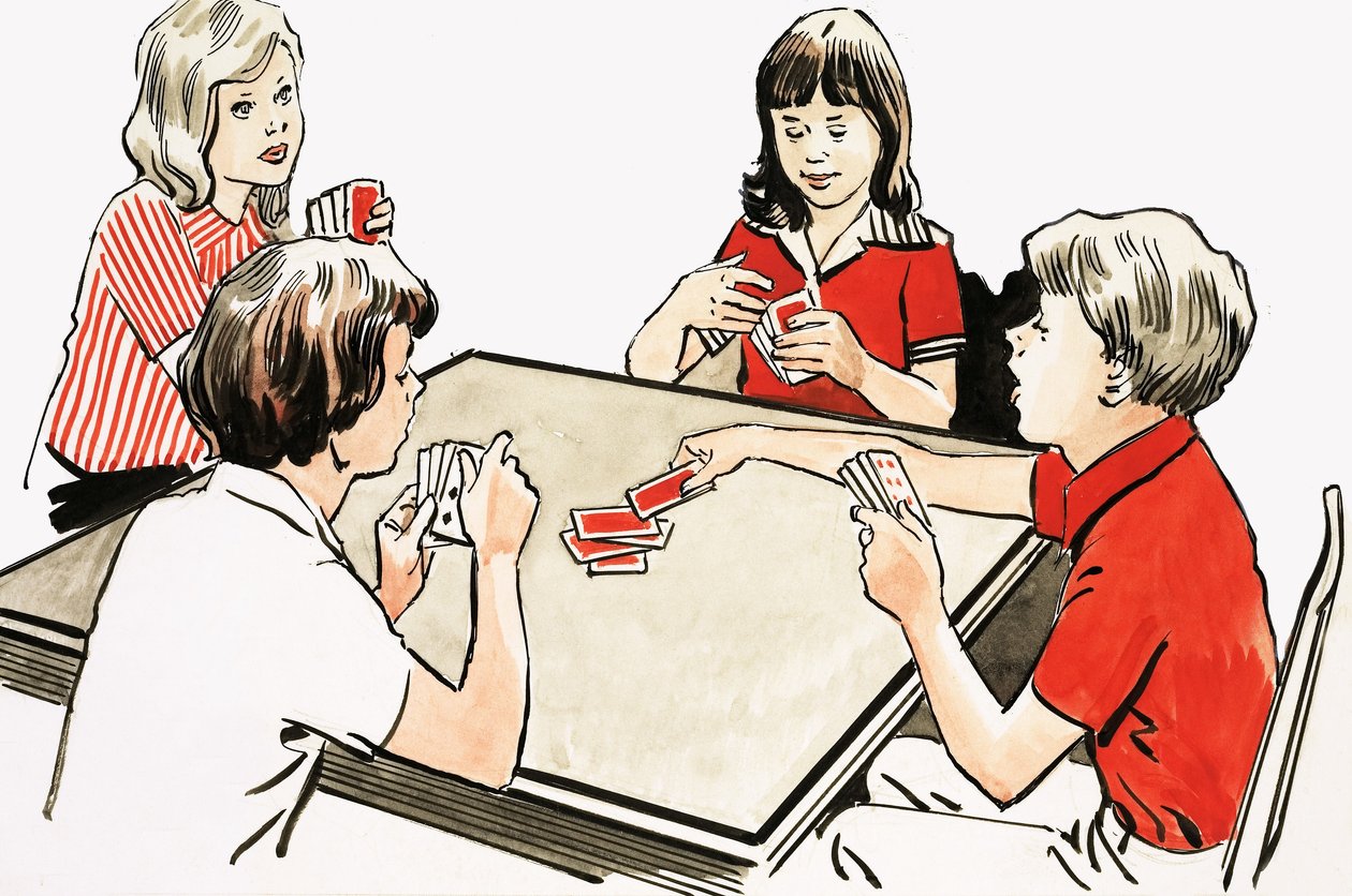 Vier Kinder spielen Karten von English School