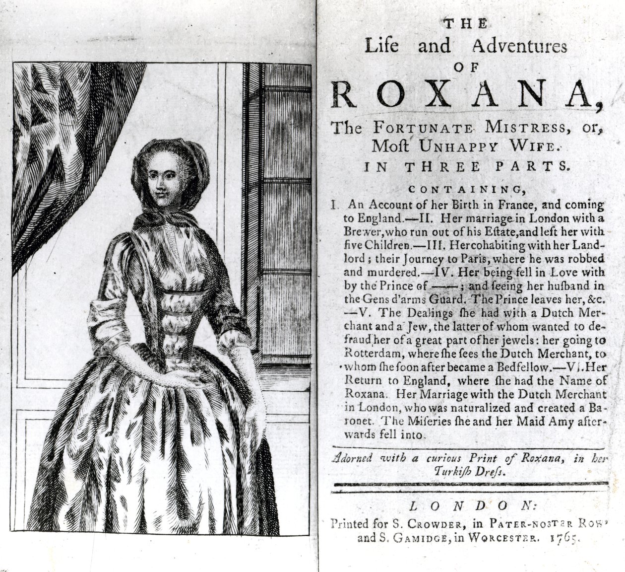 Frontispiz und Titelseite für The Life and Adventures of Roxana von Daniel Defoe, veröffentlicht 1765 von English School