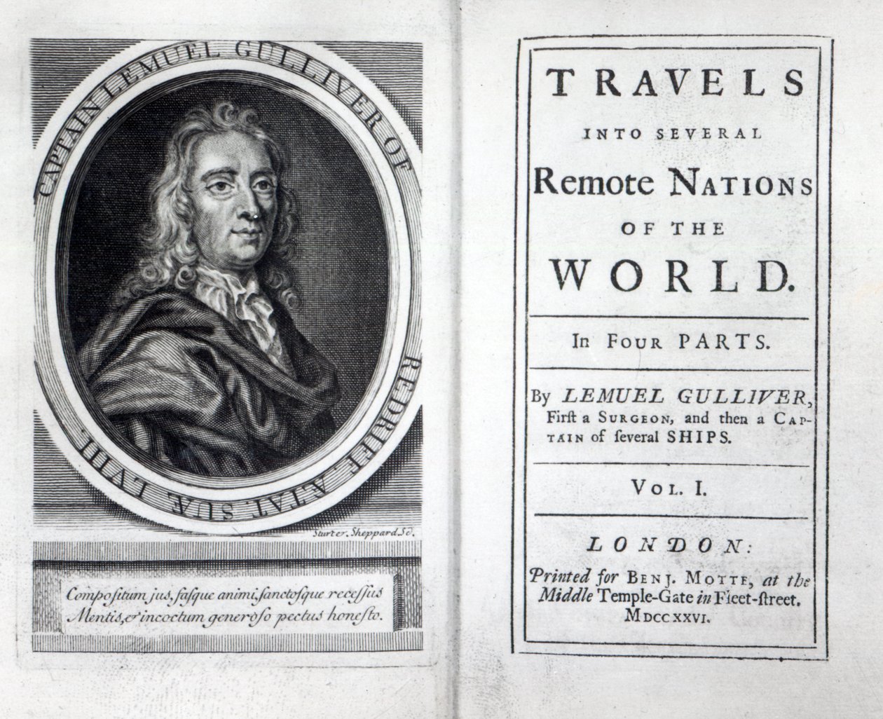 Frontispiz und Titelseite zu Gullivers Reisen von Jonathan Swift, 1726 von English School