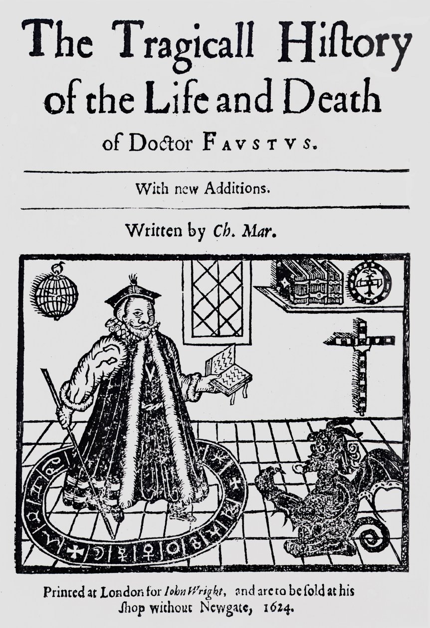 Frontispiz der Tragischen Geschichte des Lebens und Todes von Doktor Faustus, von Christopher Marklin, ca. 1616 von English School