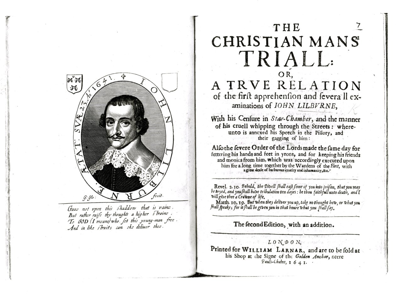 Frontispiz zu Die Prüfung des christlichen Mannes von John Lilburne (ca. 1614-57), 1641 von English School