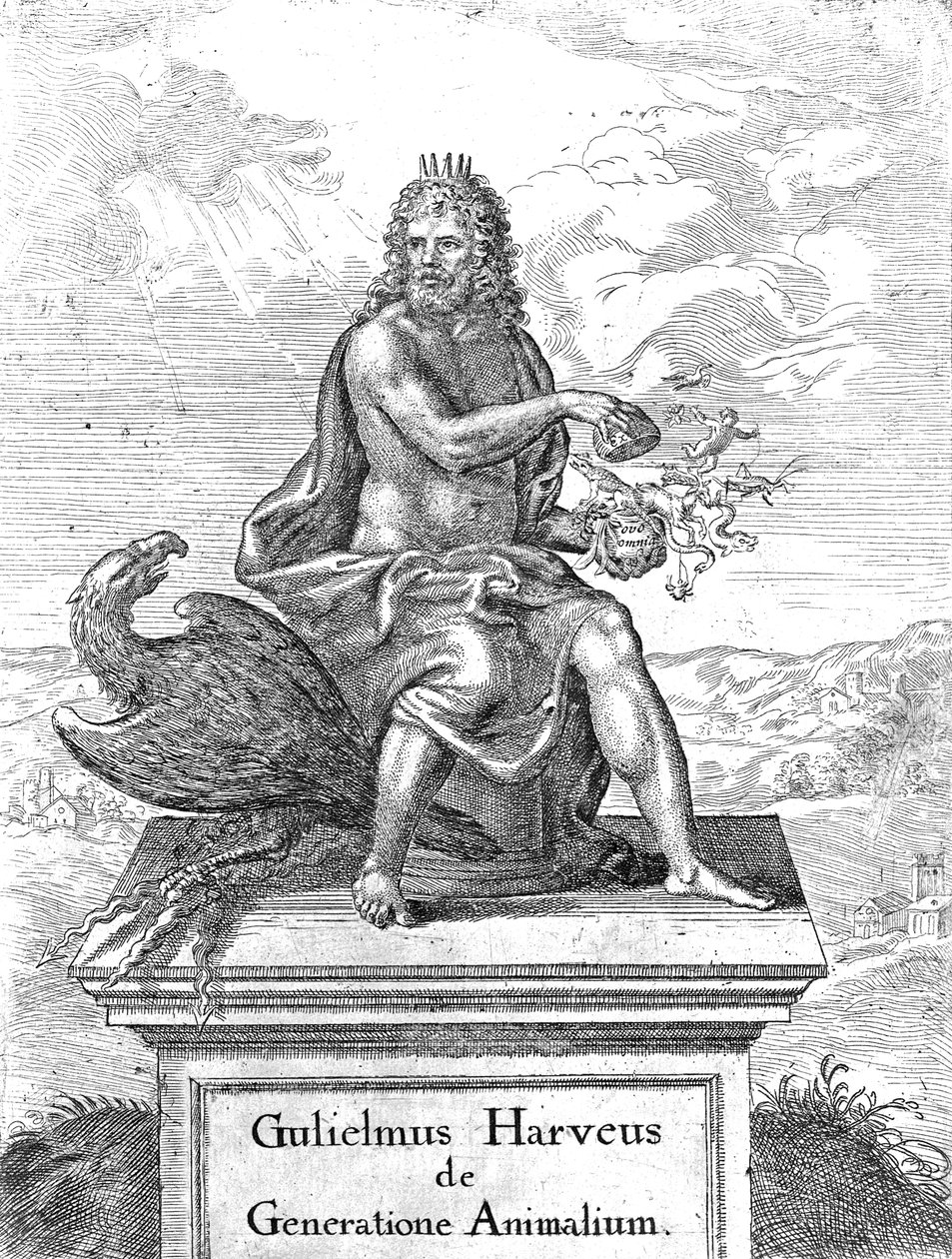 Frontispiz zu William Harveys De Generatione Animalium, veröffentlicht 1651 von English School