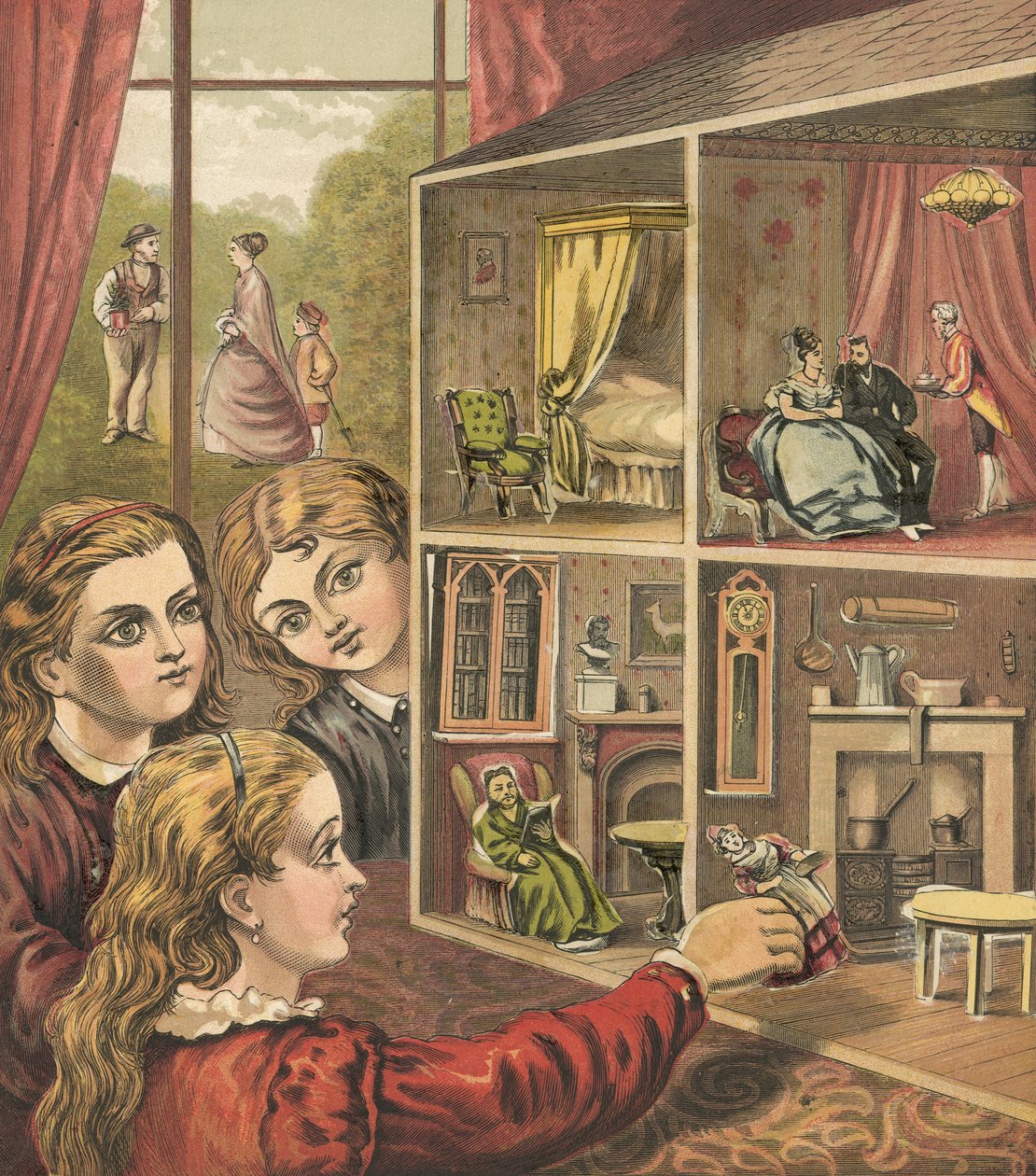 Mädchen spielen mit einem Puppenhaus von English School