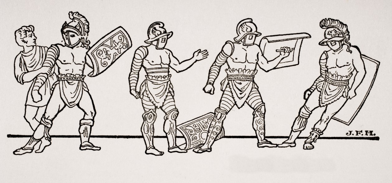 Gladiatoren, aus einer Wandmalerei in Pompeji, Illustration aus The Outline of History von H.G. Wells, Band I, veröffentlicht 1820 von English School