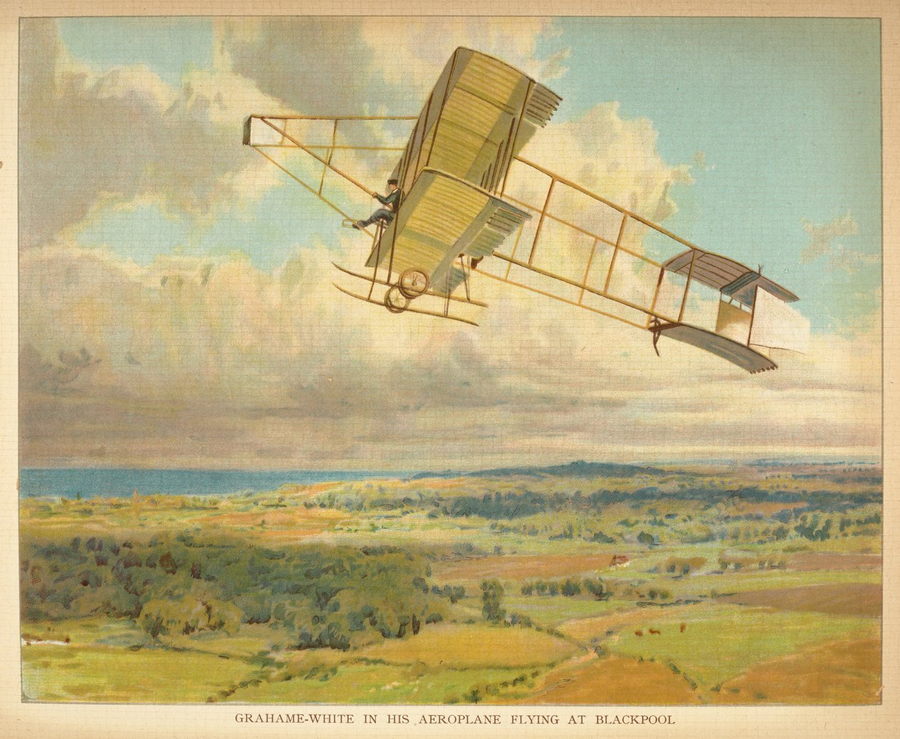 Grahame-White in seinem Flugzeug auf dem Weg nach Blackpool. Kleines Buch der Luftschiffe. London: Ernest Nister, [1912] von English School
