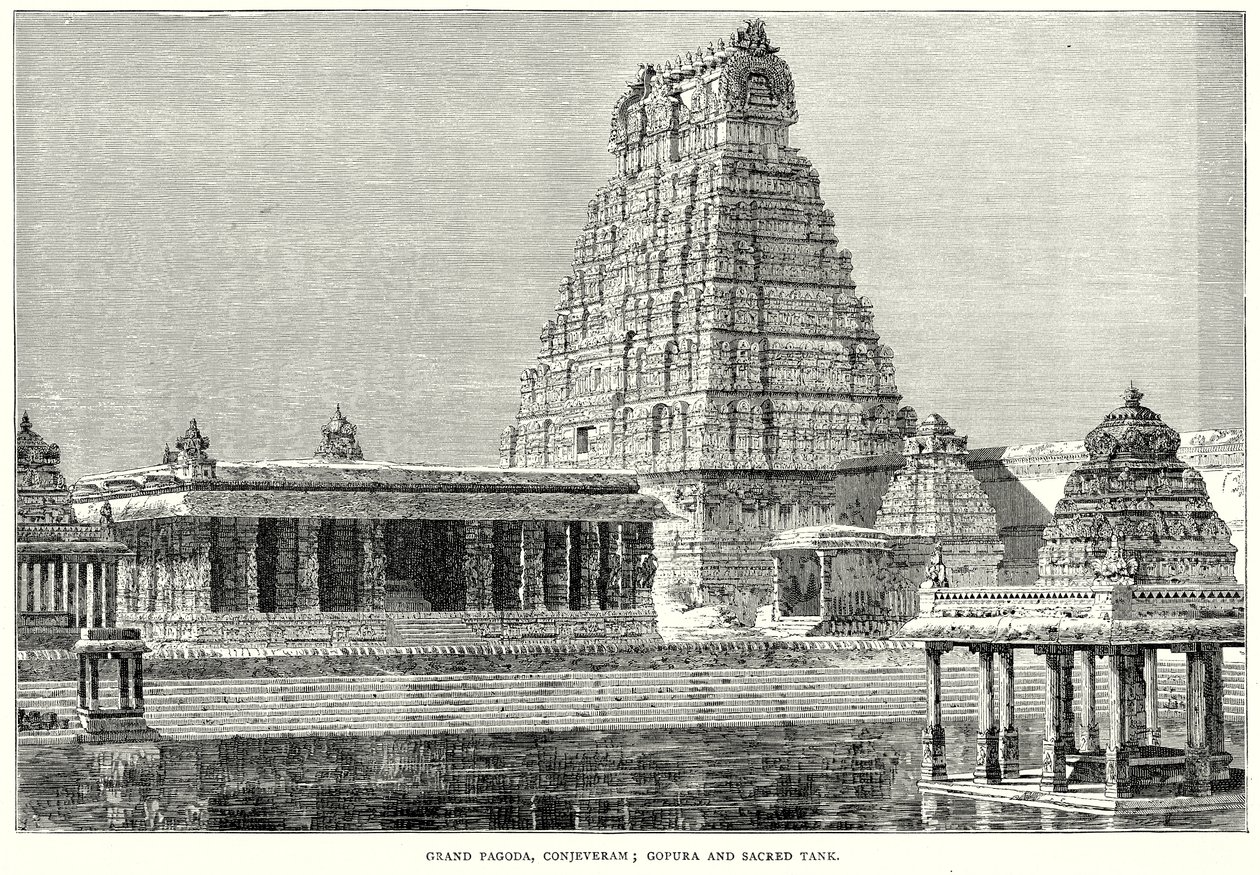 Große Pagode, Conjeveram; Gopura und heiliger Tank (Gravur) von English School