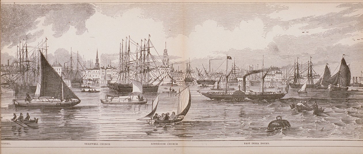 Großes Panorama von London, vom Fluss Thames aus in Richtung Shadwell, East India Docks und Limehouse, 1849 von English School