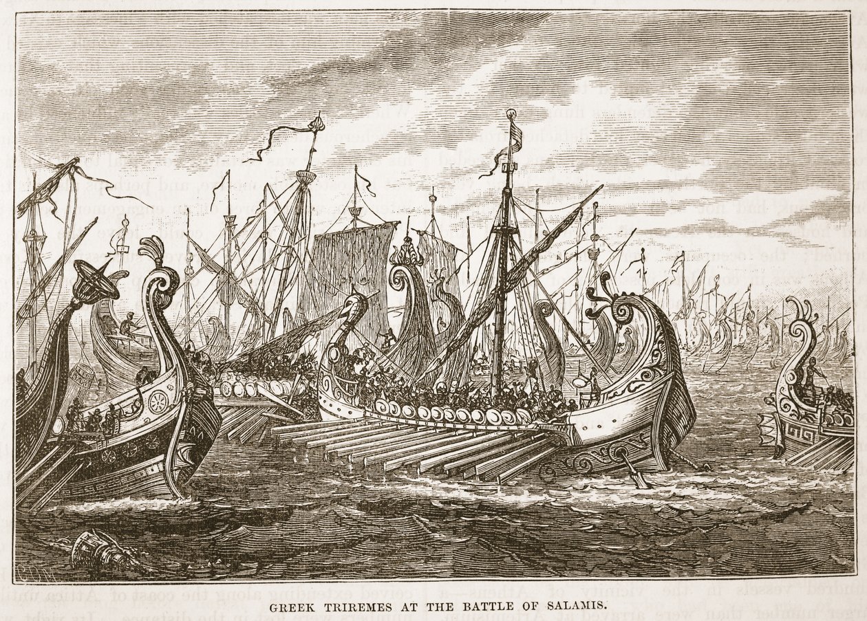 Griechische Trieren in der Schlacht von Salamis von English School