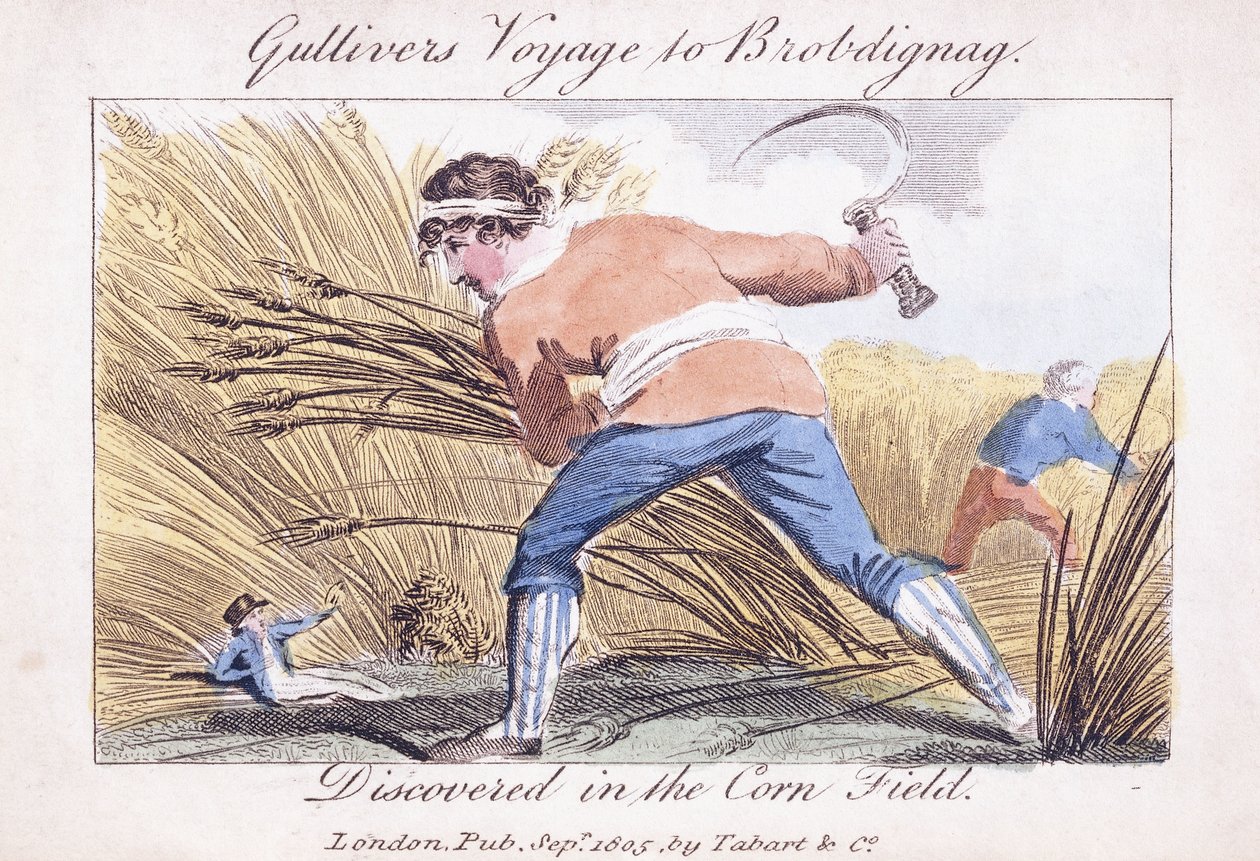 Gullivers Reise nach Brobdingnag, entdeckt im Maisfeld, 1805 von English School