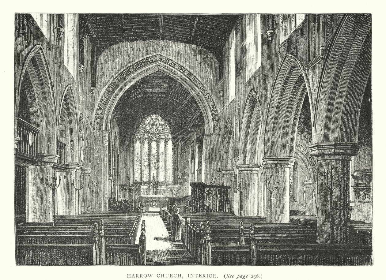 Harrow Kirche, Innenansicht (Gravur) von English School