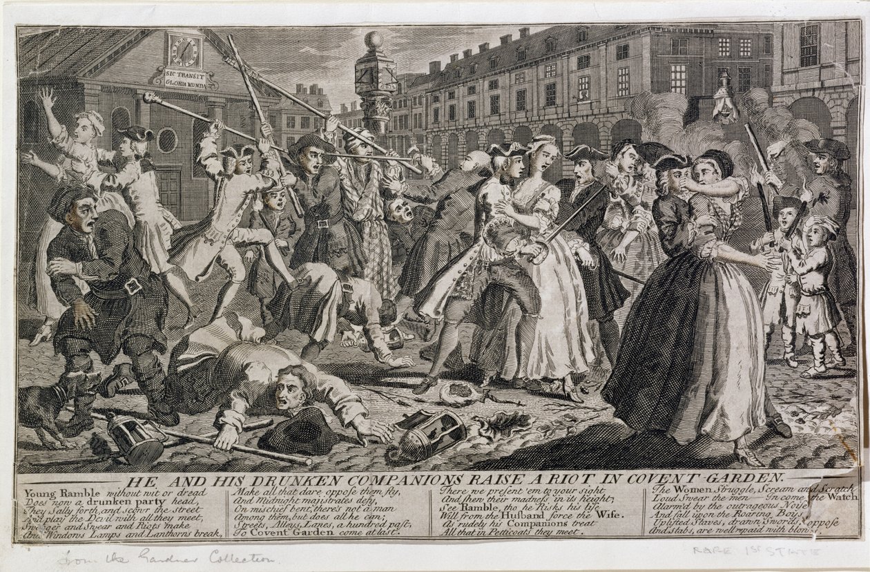Er und seine betrunkenen Gefährten verursachen einen Aufruhr im Covent Garden, 1735 von English School