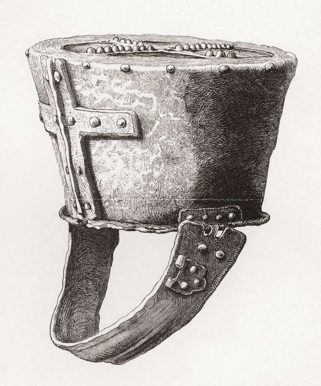Helm, aus Schloss Pomeroy, England, aus dem 12. Jahrhundert, aus Die britische Armee: Ihre Ursprünge, Fortschritte und Ausrüstung, veröffentlicht 1868. von English School