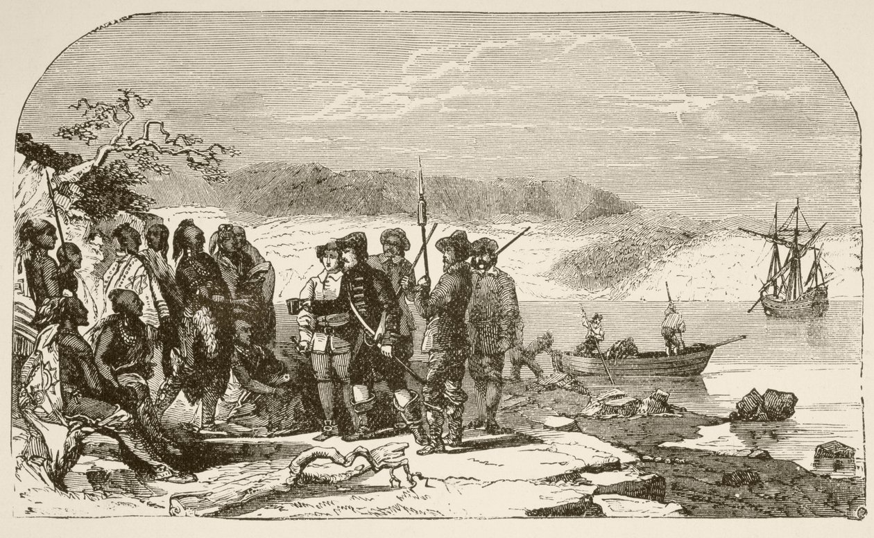 Henry Hudson bietet den Indianern 1609 Alkohol an von English School