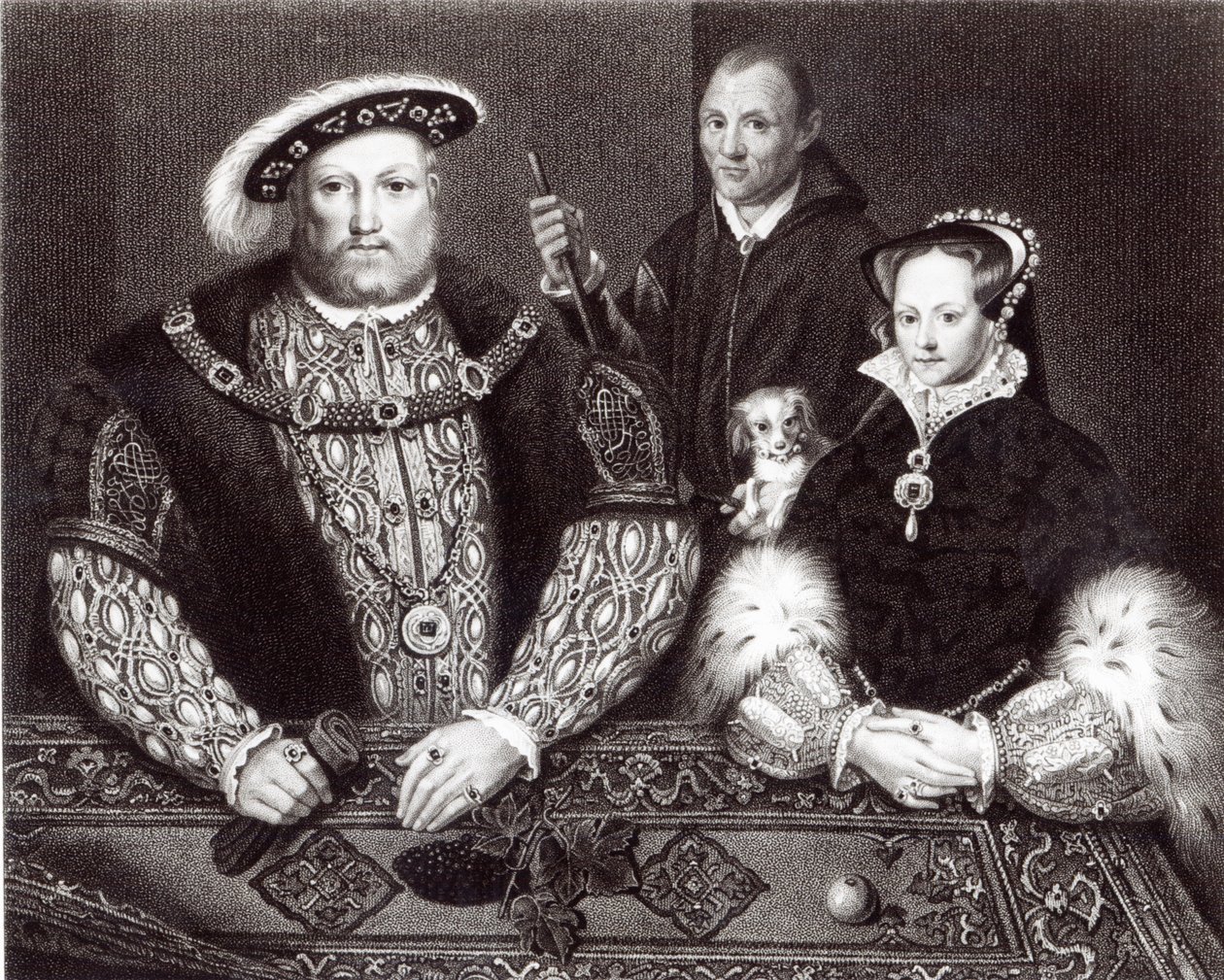 Heinrich VIII., seine Tochter Königin Maria und Will Somers, nach einem Ölbild aus dem 16. Jahrhundert, posthum gemalt, 1821 von English School