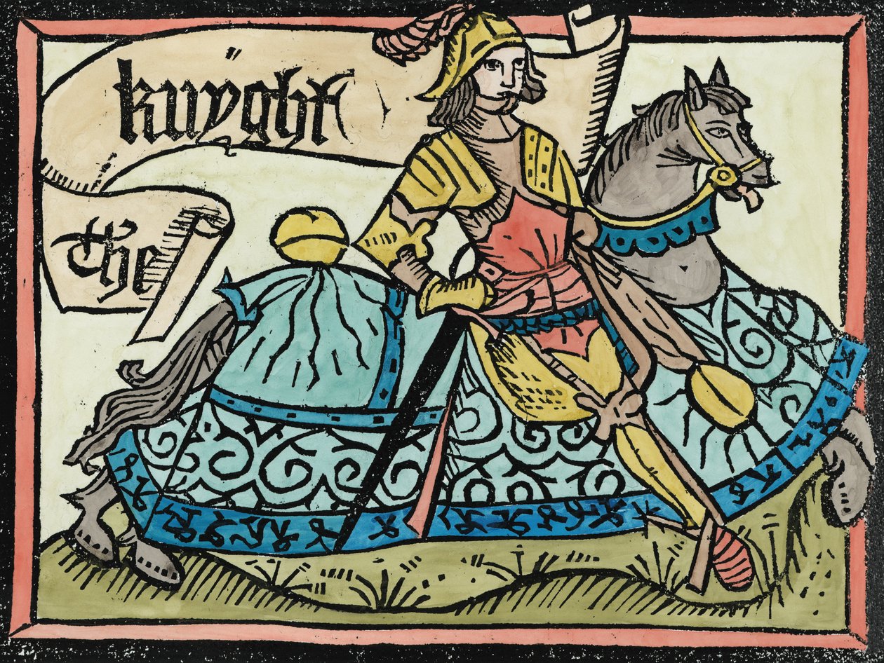 Hier beginnt die Geschichte des Ritters, Illustration aus den Canterbury Tales von Geoffrey Chaucer, gedruckt von William Caxton (spätere Kolorierung) von English School
