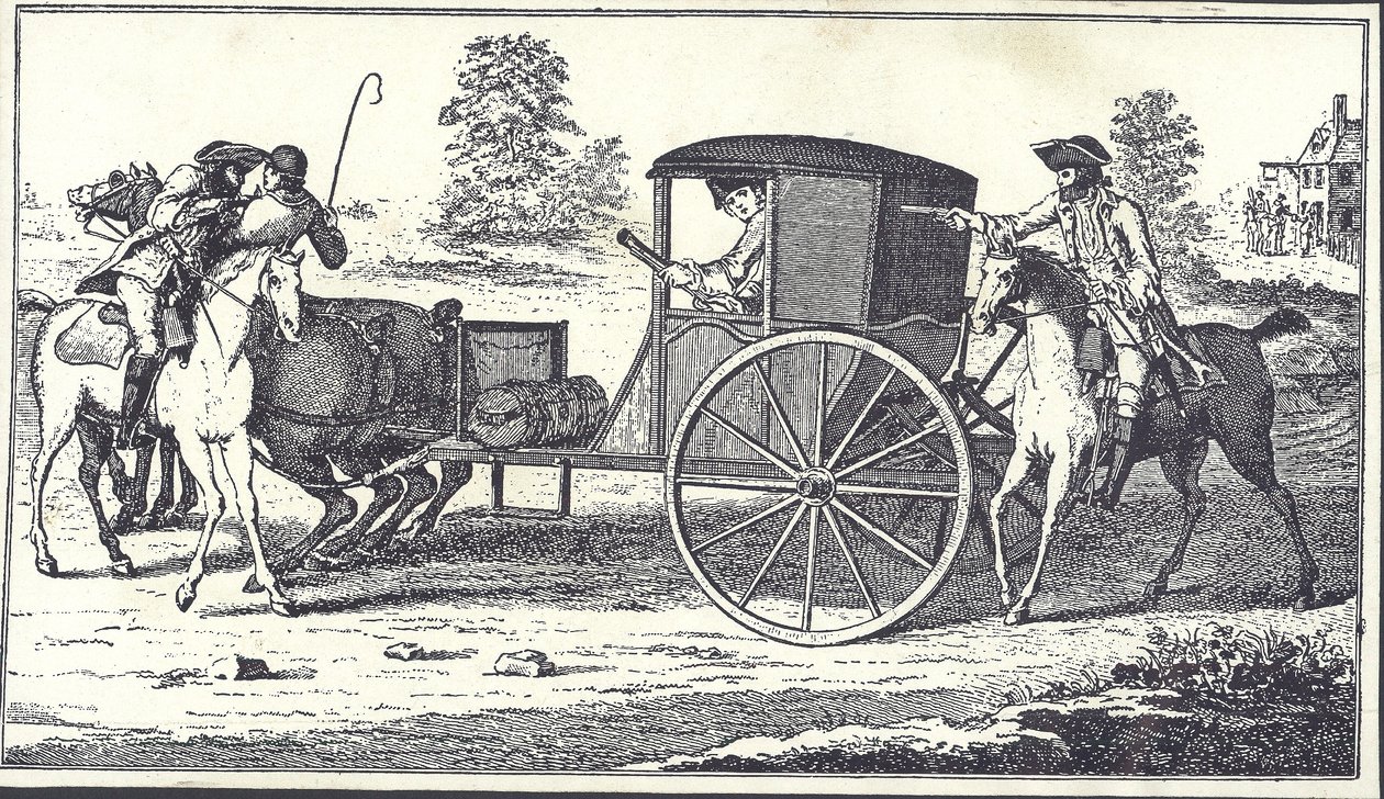 Straßenräuber James MacLaine und William Plunkett berauben den Earl of Eglinton auf Hounslow Heath, 26. Juni 1750 (Stich) von English School