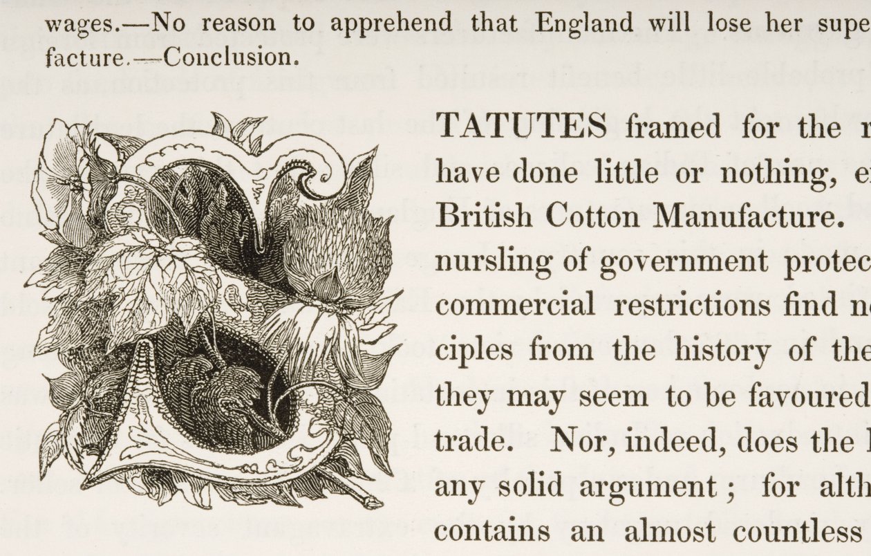 Historiierte Initiale S, aus einem Buch über die britische Baumwollherstellung von English School