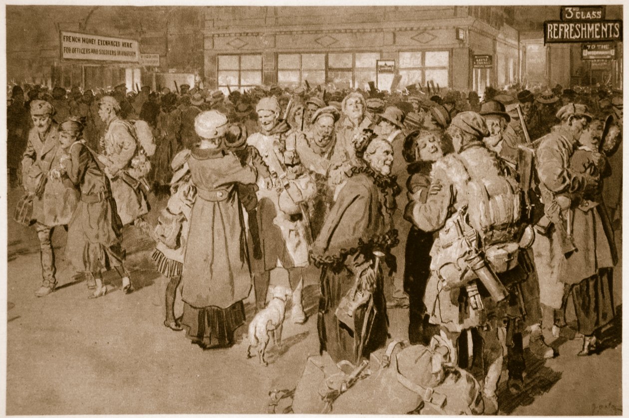 Heimaturlaub: Nach der Ankunft des Schützengrabenspezials am Londoner Endbahnhof, 1914-19 von English School
